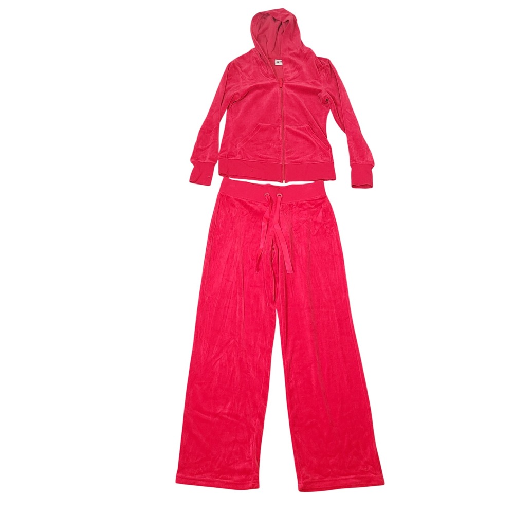 Athletic Works Size S Tracksuit Womens Red Velour Zip Hoodie Wide Leg Pants Set